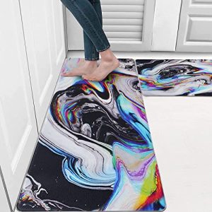 Marble Abstract Kitchen Mat Set Anti Fatigue 2 Piece, Colorful Kitchen Rugs and Mats Non Skid Washable Absorbent, Cushioned PVC Kitchen Rug Comfort Mat for Kitchen Home, 18” x 48” + 18” x 30”