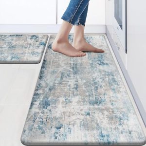 OTOB Anti Fatigue Kitchen Mat Set of 2 Blue Kitchen Mats for Floor Cushioned Modern Abstract Kitchen Rugs Non Slip Waterproof Comfort Memory Foam Kitchen Floor Mat for Front of Sink,Laundry Room