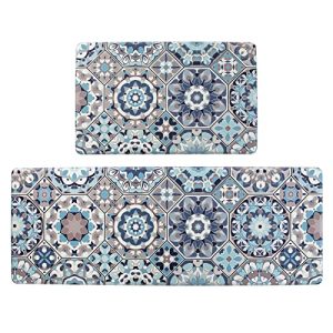 Jabogrii Anti Fatigue Kitchen Mat Set of 2 Blue Cushioned Kitchen Rugs Comfort Floor Mat PVC Waterproof Non Slip Kitchen Carpet Rug Runner for Sink Laundry 17″x48″+17″x28″