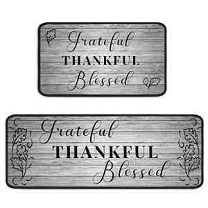 Grateful Thankful Blessed Kitchen Rugs Set of 2 Grey Non-Slip Kitchen Rug and Mat Cushioned Comfort Kitchen Standing Rug for Kitchen Floor Farmhouse Thanksgiving Decor 17″x47″+17″x30″