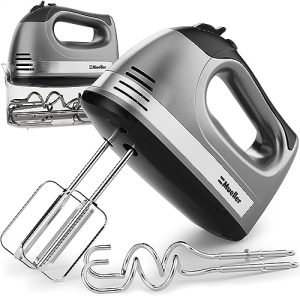 Mueller Electric Hand Mixer, 5 Speed with Snap-On Case, 250 W, Turbo Speed, 4 Stainless Steel Accessories, Beaters, Dough Hooks, Baking Supplies for Whipping, Mixing, Cookies, Bread, Cakes, Silver