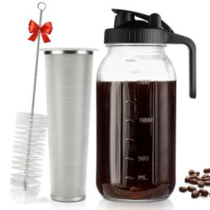 Cold Brew Coffee Maker 64 oz, 2-Quart Wide Mouth Thickened Cold Brew Maker with Ultra Dense Stainless Steel Filter – Mason Jar Pitcher with Lid and Spout for Coffee and Homemade Fruit Drinks