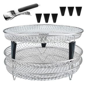 Upgrade Air Fryer Rack, Three Stackable Dehydrator Racks for Gowise Phillips USA Cozyna Ninja Airfryer,Stainless Steel Round Air Fryer Rack Fit all 4.2QT – 5.8QT Air fryer,Oven,Press Cooker (Round)