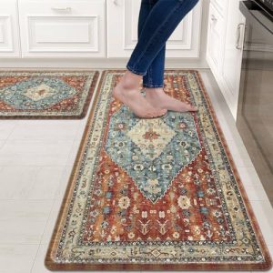 Collive Boho Kitchen Mat 2PCS Cushioned Kitchen Mats for Floor, Anti-Fatigue Mat Waterproof Kitchen Rug Set of 2 Non-Skid Comfort Standing Mat for Kitchen, Office, Sink, Laundry, 17″x30″+17″x47″