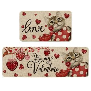 Artoid Mode Cat Love Heart Branch Valentine’s Day Kitchen Mats Set of 2, Home Decor Low-Profile Kitchen Rugs for Floor – 17×29 and 17×47 Inch