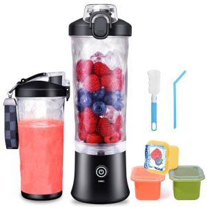 YIUOKAEI Portable Blender Personal Juicer – Kitchen 21oz USB Rechargeable 4000mAh Large Battery with 6 Blades for Smoothies Shakes Baby Food and Proteins – Home Office Gym Sports and Travel (Black)