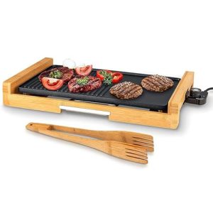 Saenchue Electric Table Grill, Korean BBQ Indoor Electric Grill Griddle, Nonstick Extra Large Plate, Smokeless Electric Contact Grill, Bamboo Base, Temperature Control, PG-08