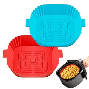 SASFOU 2Pcs Silicone Air Fryer Liner, Reusable Air Fryer Square Basket Heat Resistant Easy Cleaning Air Fryer Silicone Pot for 4 to 7 QT Air Fryer Inserts for Oven Microwave Accessories (Red+Bule)