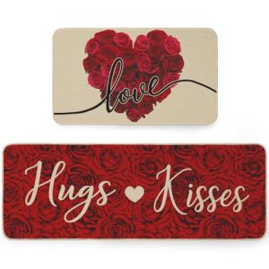 Happy Valentines Day Kitchen Mats Set of 2, Anniversary Wedding Holiday Kitchen Rugs，Love Heart Decorative Seasonal Kitchen Floor Mat 17×29 and 17×47 Inch AKM016