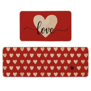 Artoid Mode Red Love Heart Valentine’s Day Kitchen Mats Set of 2, Home Decor Low-Profile Kitchen Rugs for Floor – 17×29 and 17×47 Inch