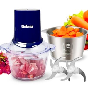 Qinkada Food Processors with 2 Bowls, 400W Meat Grinder, Food Chopper Electric, 2 Speed, 8Cup Glass and 8Cup 304 Stainless Steel, 2 Blades, Spatula Blue