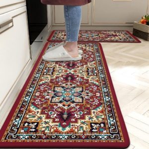 Boho Kitchen Rug Set of 2 Red Bohemian Farmhouse Anti-Fatigue Kitchen Mats Vintage 0.4 Inches Thick Rubber Comfort Standing Rugs and Mats for Kitchen Sink Laundry Home Decor, 17.3 x 28+17.3 x 47 Inch