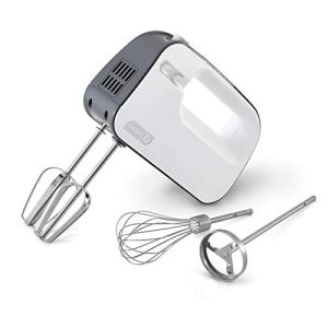 Dash SmartStore™ Deluxe Compact Electric Hand Mixer + Whisk and Milkshake Attachment for Whipping, Mixing Cookies, Brownies, Cakes, Dough, Batters, Meringues & More, 3 Speed, 150-Watt – Grey