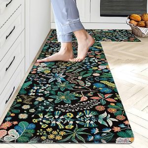 Tyrot Leaf Kitchen Rug Colorful Floral Kitchen Mat 0.4 Inch Thick Anti Fatigue Kitchen Rugs and Mats Plant Non Skid Washable Set of 2 PVC Comfort Standing Mat for Sink Laundry 17.3”x28”+17.3”x47”