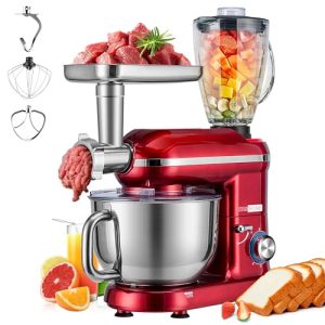 VIVOHOME 3 in 1 Multifunctional Stand Mixer with 6 Quart Stainless Steel Bowl, 650W 6 Speed Tilt-Head Meat Grinder, Juice Blender, Red
