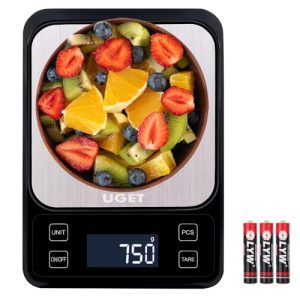 UGET Digital Kitchen Scale, 22lb Food Scale Weight Grams Ounces ML for Cooking, Baking, Weight Loss, PCS Counting, 7 Units Large Numbers Backlight Screen Stainless Steel Platform, Batteries Included
