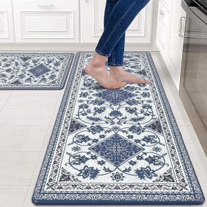 ASPMIZ Blue Boho Kitchen Mats for Floor 2 Piece, Cushioned Anti-Fatigue Kitchen Rugs, Memory Foam Kitchen Rugs and Mats Non Skid Waterproof, Blue Retro Floor Comfort Mat, 18” x 48” + 18” x 30”