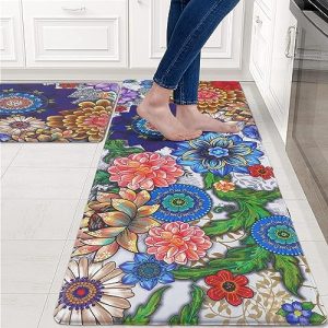 ASPMIZ 2 Pieces Kitchen Rugs Set, 60” x 18” + 48” x 18”, Anti Fatigue Mats for Kitchen Floor Set of 2 Boho, Waterproof Non-Slip Kitchen Runner Rugs, Bohemian Comfort Standing Mat with Runner