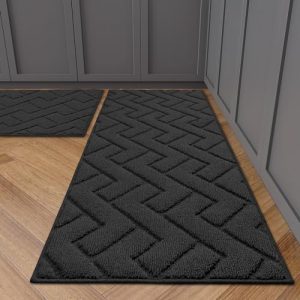 hicorfe Kitchen Rugs and Mats Sets,2 Pieces Super Absorbent Polypropylene Non-Slip Rug,Soft Comfort Floor Mat,Machine Wash for Kitchen,Hallway,Office,Sink,Laundry(20″ x 31.5″+20″ x 48″,Charcoal)
