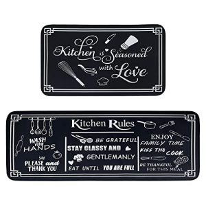 Voanos Black and White Kitchen Rugs,Non Skid Washable Microfiber mats for Kitchen Floor, Kitchen Rules Theme Kitchen Cushioned Runner Rug Decor Sets of 2,Size 17″x 47″+17″x 30″