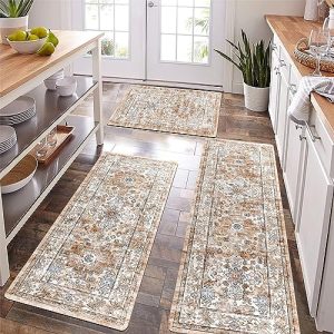 Pauwer Boho Kitchen Rugs Sets of 3 Non Slip Rubber Mats for Floor Waterproof and Washable Farmhouse Area Rug Carpet Runner Hallway Laundry Room