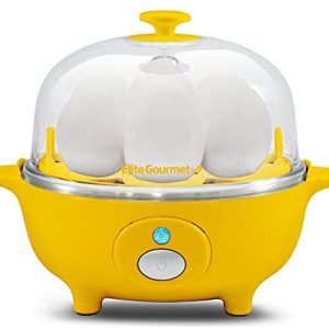 Elite Gourmet EGC-007Y# Rapid Egg Cooker, 7 Easy-To-Peel, Hard, Medium, Soft Boiled Eggs, Poacher, Omelet Maker, Auto Shut-Off, Alarm, 16-Recipe Booklet, Yellow