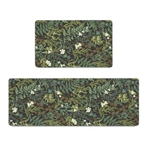 Black Green Botanical Kitchen Rugs Set of 2 Plant Leaf Anti-Fatigue Kitchen Mat Natural Comfort Standing Waterproof PVC Mats 2/5″ Thick Leather Carpet for Laundry Office Sink(17.3″ x28″ + 17.3″ x 47″)
