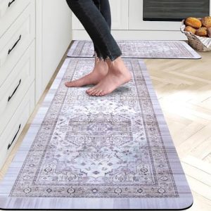 eqivei Kitchen Rugs Sets of 2, Non-Skid Rubber Kitchen Mats for Floor, Boho Kitchen Runner Rugs and Mats Washable, Farmhouse Cushioned Standing Mat for Kitchen, Front of Sink, Laundry（Cream Purple）