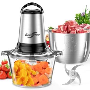 Meat Grinder, 500W Powerful Food Processor with Handle, 2 Bowls(8 Cup+8 Cup)-Includes 1 Set of Bi-Level Blades, Electric Veggie Chopper for Family, Baby Food, Nuts, Grains (Sliver+Black)