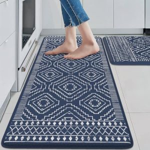 KIMODE Anti Fatigue Kitchen Mat,Boho Kitchen Rugs Sets of 2, Cushioned Kitchen mats for Floor, Morocco Geometric Memory Foam Non Slip Standing Mats for Sink, Laundry, Office, Dark Blue