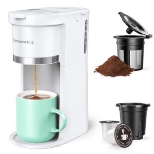 Famiworths Mini Coffee Maker Single Serve, Instant One Cup for K Cup & Ground Coffee, 6 to 12 Oz Brew Sizes, Capsule Coffee Machine with Water Window and Descaling Reminder, White