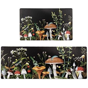 FNLNDO Mushroom Kitchen Rugs and Mats Green Mushroom Kitchen Decor Anti Fatigue Kitchen Floor Mat Set of 2 Non-Skid Washable Kitchen Runner Rug for Kitchen Sink Laundry