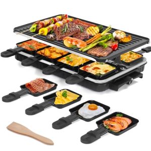 Korean BBQ Grill, Indoor Raclette Table Grill Smokeless 2 in 1 Electric Griddle Nonstick with 8 Raclette Cheese Pans Adjustable Temperature Control 1300W Ideal for Family and Party Fun