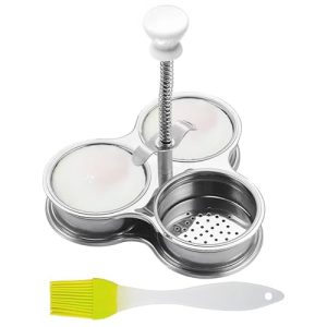 Stainless Steel Egg Poacher,3 Cups Poached Egg Cooker Nonstick Poached Egg Maker Egg Poacher Pan Cups Round Poached Egg Pan with Oil Brush for Breakfast Boiled Eggs