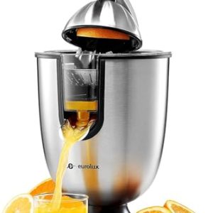 Eurolux Premium Electric Orange Juicer | Stainless Steel Citrus Squeezer With New Ultra-Powerful Motor and Soft Grip Handle for Effortless Juicing, Auto Shutoff, Dishwasher-safe Parts, Pulp Control