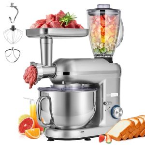 VIVOHOME 3 in 1 Multifunctional Stand Mixer with 6 Quart Stainless Steel Bowl, 650W 6 Speed Tilt-Head Meat Grinder, Juice Blender, Silver
