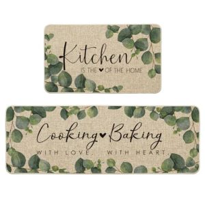 Artoid Mode Eucalyptus Leaves Mats Set of 2, Kitchen is The Heart of The Home Cooking with Love Baking with Heart Decorations for Home 17 x 29 and 17 x 47 Inch