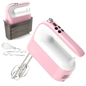 Yomelo 9-Speed Digital Hand Mixer Electric, 400W DC Motor, Hand Mixer electric Handheld with Snap-On Storage Case, Touch Button, Turbo Boost, 5x Stainless Steel Accessories (Pink)