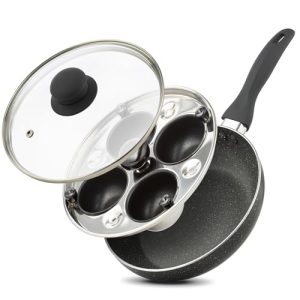 Eggssentials 2 IN 1 Egg Pan & Egg Poacher Pan, Granite Nonstick Fry Pan Poached Egg Maker and Frying Skillet with Lid, Poached Eggs Cooker Food Grade Safe PFOA Free with Spatula, Egg Cookware – 4 Cups