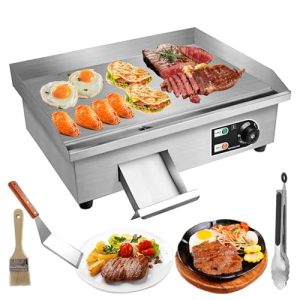PROMOTOR 22″ Electric Countertop Flat Top Griddle 1600W 110V Non-Stick Commercial Restaurant Teppanyaki Grill Stainless Steel Adjustable Temperature Control 50~300℃