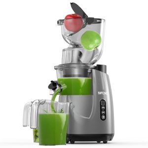 SiFENE Whole Fruit Cold Press Juicer Machine – Vertical Slow Masticating Juicer with Large 3.3in Feed Chute – Easy to Clean, Ideal for Whole Fruits & Vegetables, Gray