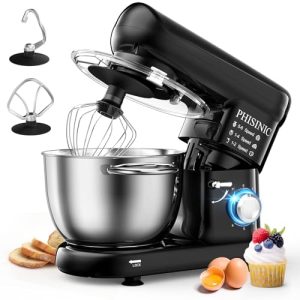 PHISINIC Stand Mixer, 5.8Qt Small Electric Food Mixer, 660W 6-Speed Tilt-Head Household Stand Mixer, Portable Lightweight Kitchen Mixer for Daily Use with Egg Whisk, Dough Hook,and Flat Beater