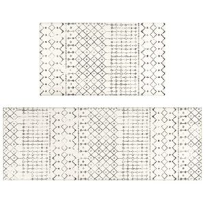 Xsinufn Boho Kitchen Mat Set of 2,Modern Farmhouse Kitchen Rugs and Mats Non Skid Washable,Moroccan Boho Runner Rugs with Rubber Backing for Kitchen Decor Accessories (Grey/Off-White 17″x47″+17″x30″)