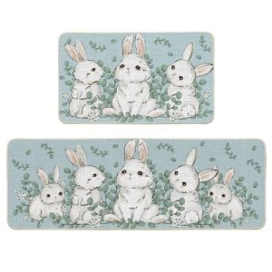 Artoid Mode Eucalyptus Bunny Rabbit Easter Kitchen Mats Set of 2, Spring Home Decor Low-Profile Kitchen Rugs for Floor – 17×29 and 17×47 Inch