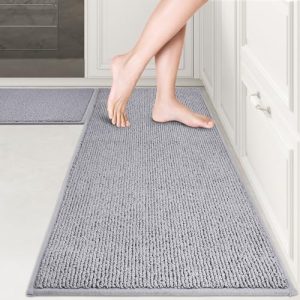 PURRUGS Machine Washable Kitchen Rug Set of 2, Non-Slip/Skid Kitchen Runner Rugs & Floor Mats, Super Absorbent Soft Area Rugs for Sink, Kitchen & Laundry, Rolled Packaging, Grey