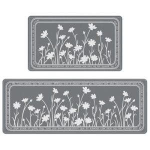 Rempry Kitchen Mat for Floor, Cute Flowers Non Slip Kitchen Mats Set of 2, Waterproof PVC Cushioned Anti Fatigue Kitchen Rugs for Home, Office, 17″x47″+17″x29″, Grey