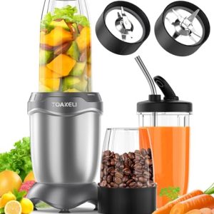 TOAKELI Smoothie Blender, 850 W Compact Personal Blender, Juice Blender Set Frozen Drinks, Shake, Sauces & More, 2 * 20 Oz To-Go Cups, 2*Spout-Lids, Silver