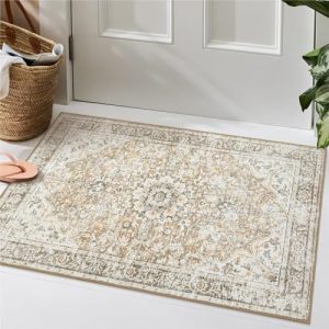 Beeiva Vintage Washable Kitchen Rugs, 2×3 Small Rug for Bedroom Non Slip Door Rugs for Entryway Indoor Washable, Khaki Rugs Lightweight Bath Mats for Bathroom Bedside Entrance