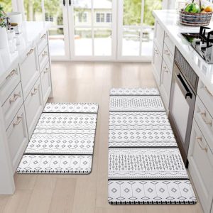 ASPMIZ Modern Kitchen Mat 2 Pcs Cushioned Anti-Fatigue, Geometric Kitchen Rugs Non Slip Memory Foam Kitchen Mats and Rugs Waterproof Kitchen Floor Comfort Mats,18” x 48” + 18” x 30”, White Texture