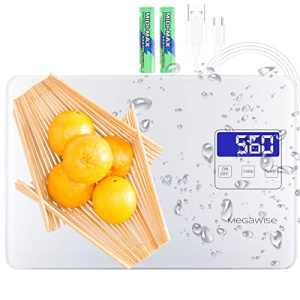 MEGAWISE Digital Kitchen Scale，33lb/15kg Food Scale with LCD Display,5 Units with Tare Function, Weight Grams and Oz for Cooking Baking,1g/0.04oz Precise Graduation，Waterproof Tempered Glass